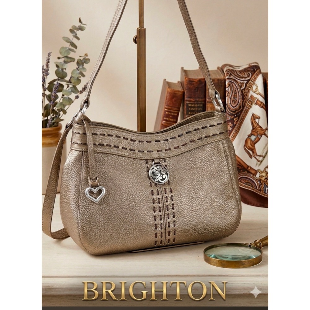 Brighton Pewter Metallic Leather Whipstitch Shoulder Bag Heart Charm E132203